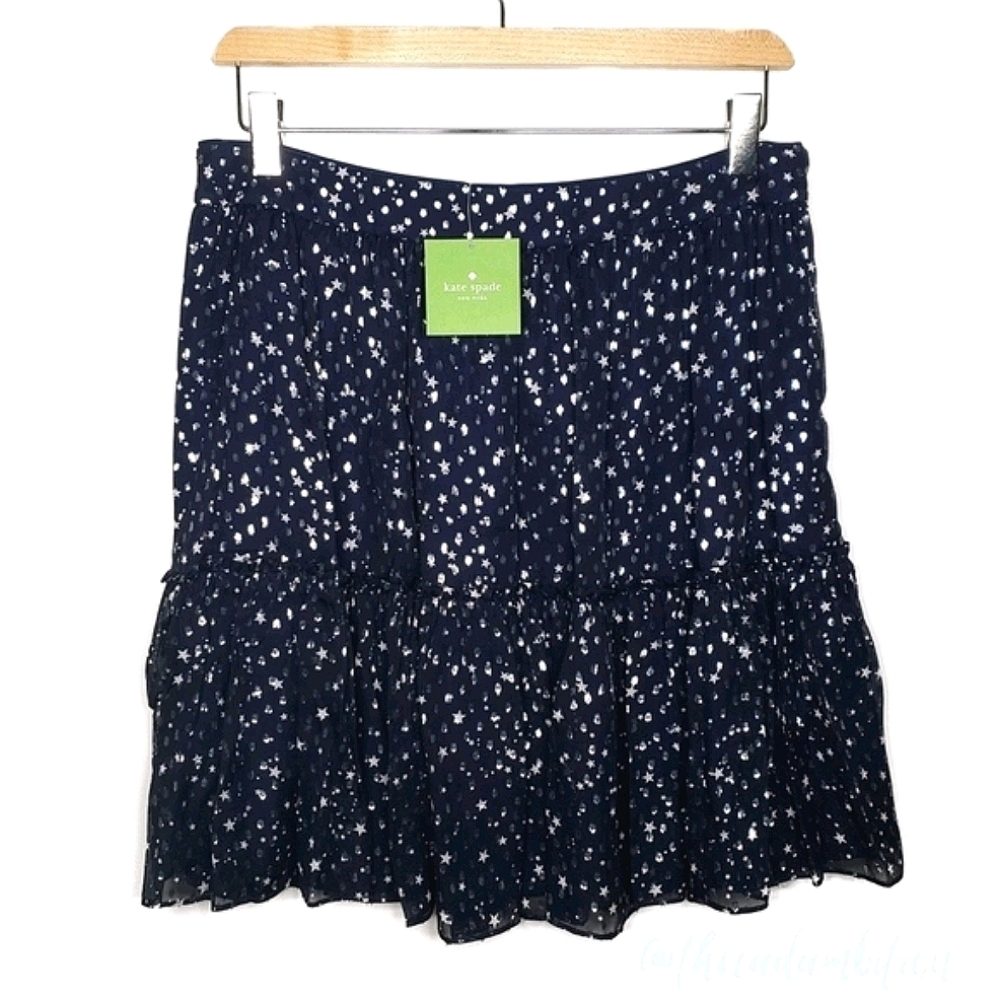 Kate Spade Night Sky Navy Silver Star Ruffle Tiered Silk Mini Skirt 10